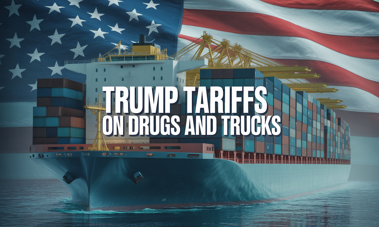 Wide banner showing shipping containers, trucks, and medicine bottles under U.S. trade imagery, illustrating Trump tariffs on drugs and trucks.