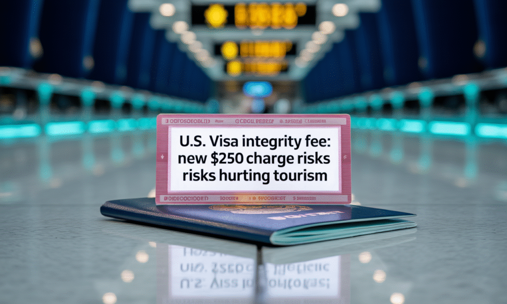 Wide banner of airport arrivals with U.S. visa integrity fee title in brand colors.