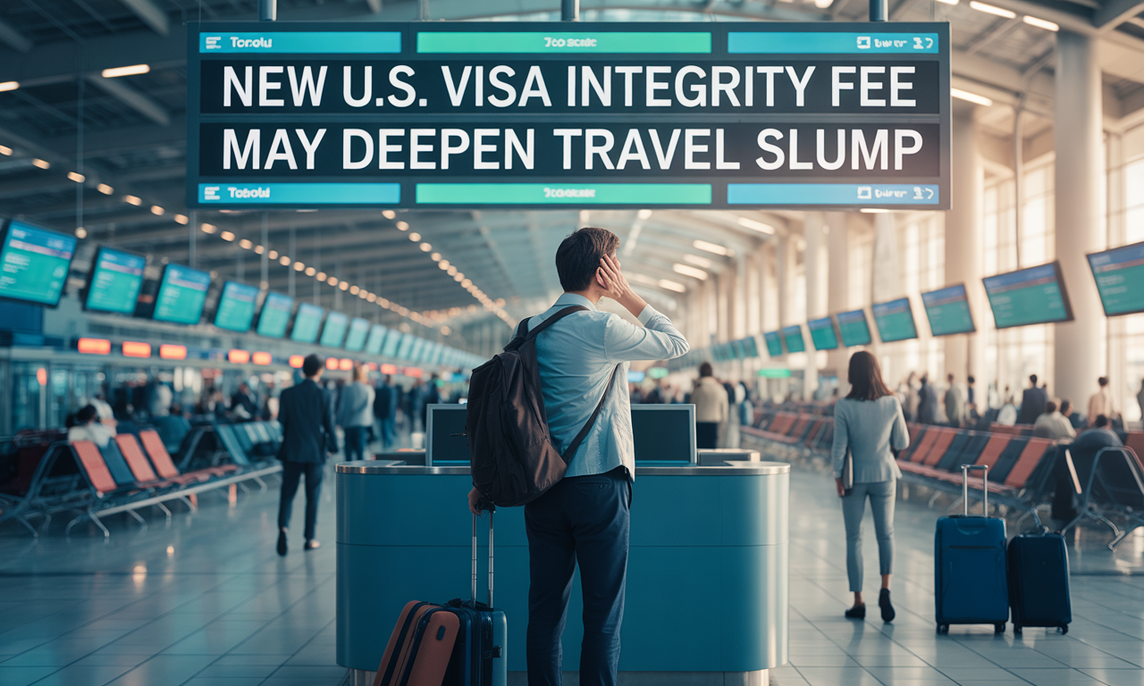 Wide banner image of travelers at an airport with luggage and documents, illustrating the U.S. visa integrity fee travel slump.