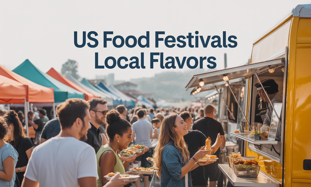 “Banner image showing US food festivals local flavors with food trucks, people, and colorful tents.”