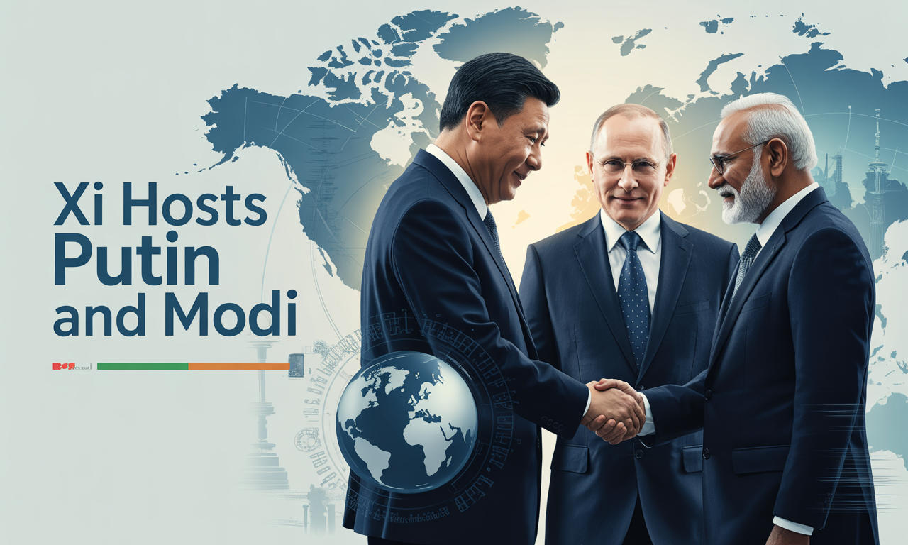 Wide banner image with global map and leaders in conference setting, representing diplomacy as Xi hosts Putin and Modi.