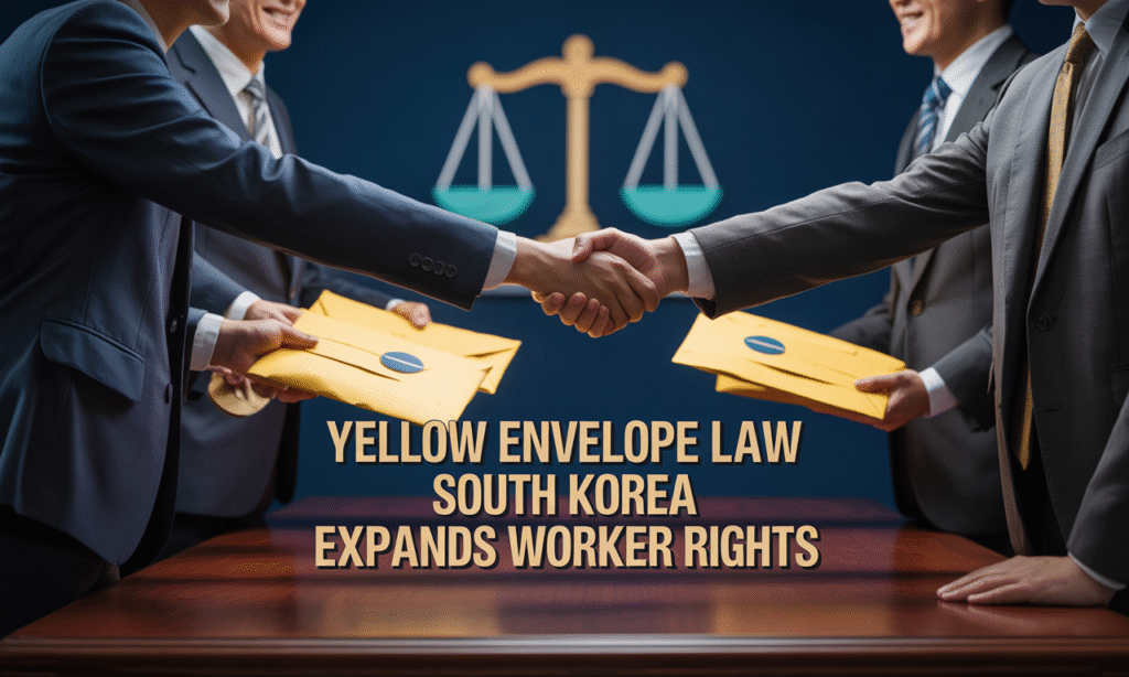 Wide banner image with business theme highlighting the Yellow Envelope Law South Korea, showing symbolic worker and employer handshake.
