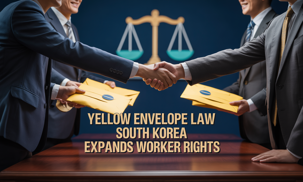Wide banner image with business theme highlighting the Yellow Envelope Law South Korea, showing symbolic worker and employer handshake.