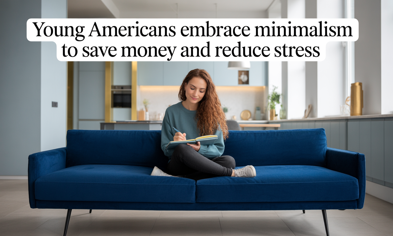 Wide banner showing simple modern living with the title “Young Americans Embrace Minimalism to Save Money and Reduce Stress.”