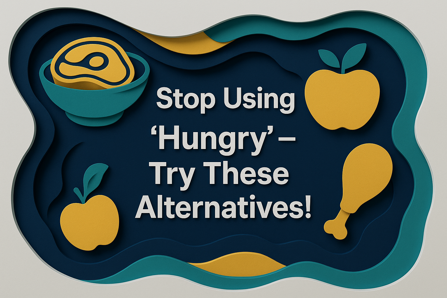 Wide banner image in 3D paper cut art style featuring the title “Stop Using ‘Hungry’ – Try These Alternatives!” with food icons, using navy, soft gold, teal, and light gray brand colors.