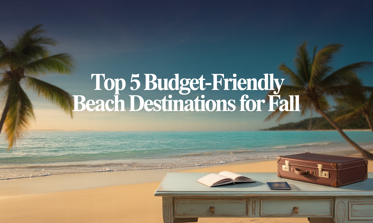 Banner image for budget-friendly beach destinations, showing scenic tropical beaches with travel elements.