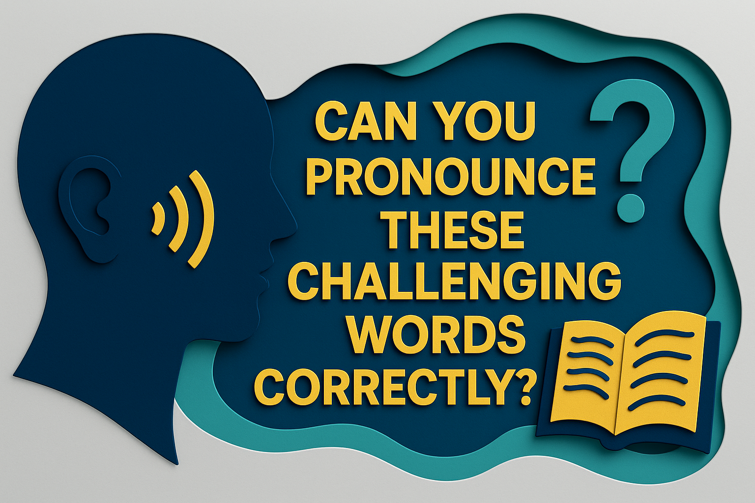 Wide banner image in 3D paper cut art style with navy blue, soft gold, light gray, and teal colors. The title “Can You Pronounce These Challenging Words Correctly?” appears in bold Roboto font with a silhouette head, sound wave, and open book illustration.