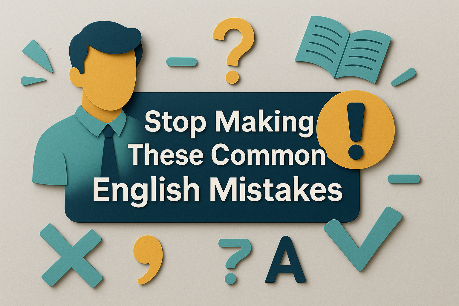 Wide banner image in 3D paper cut art style with the title “Stop Making These Common English Mistakes” in bold white Roboto font on a navy blue background, accented with soft gold, teal, and light gray symbols like books, question marks, and punctuation marks.