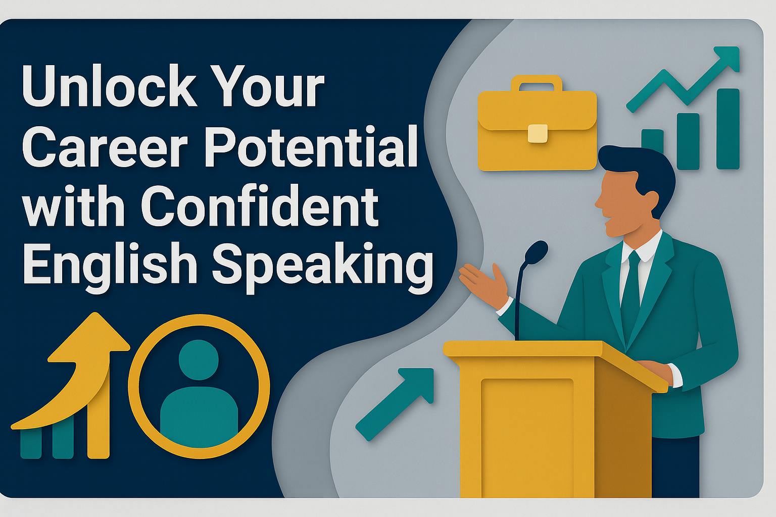 Wide banner in 3D paper cut style with clean borders, featuring a confident professional speaking at a podium with growth icons, highlighting confident English speaking.