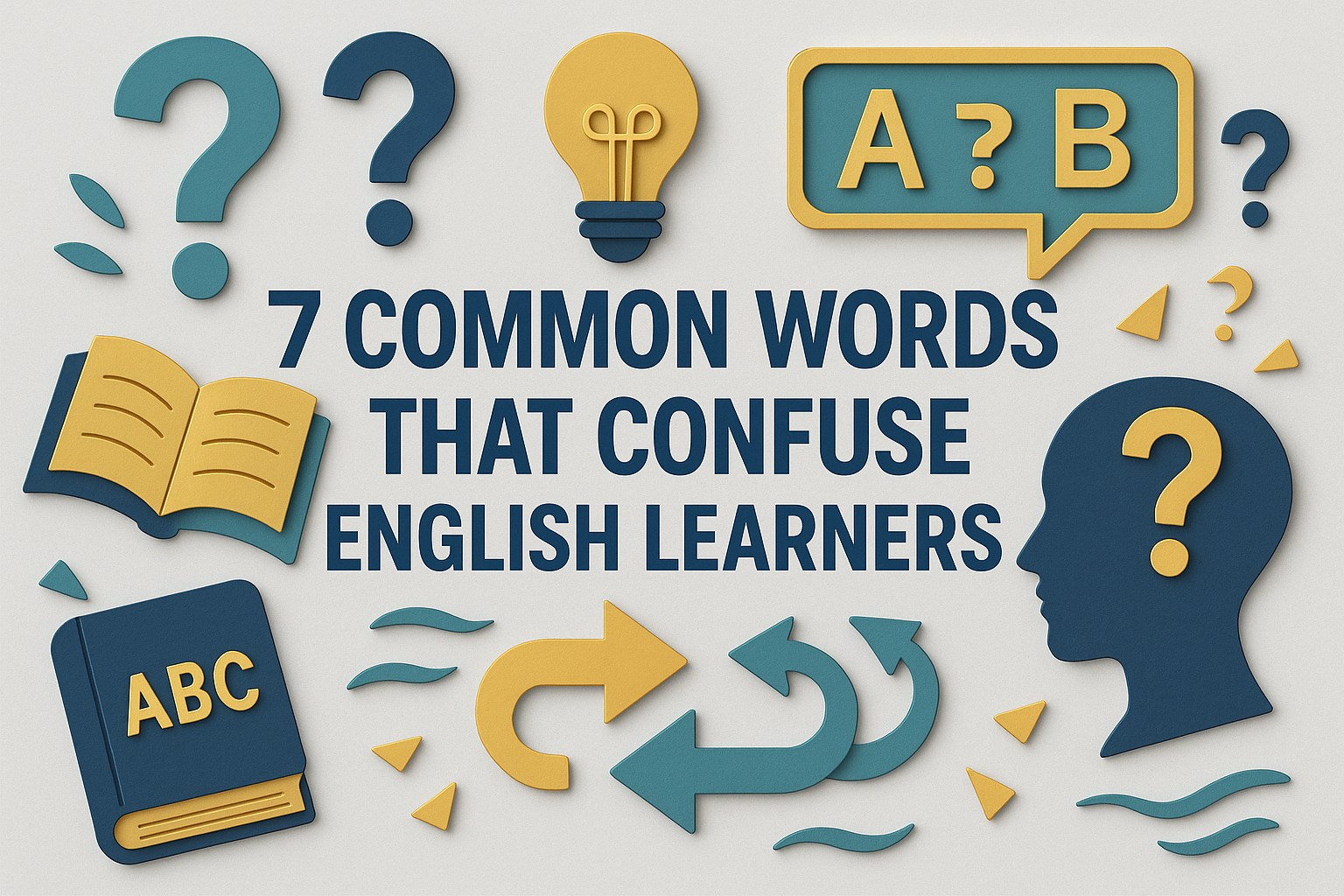 Wide banner image in 3D paper cut art style showing “7 Confusing English Words Learners Often Mix Up” with icons of books, arrows, question marks, and a human head silhouette; emphasizes confusing English words.