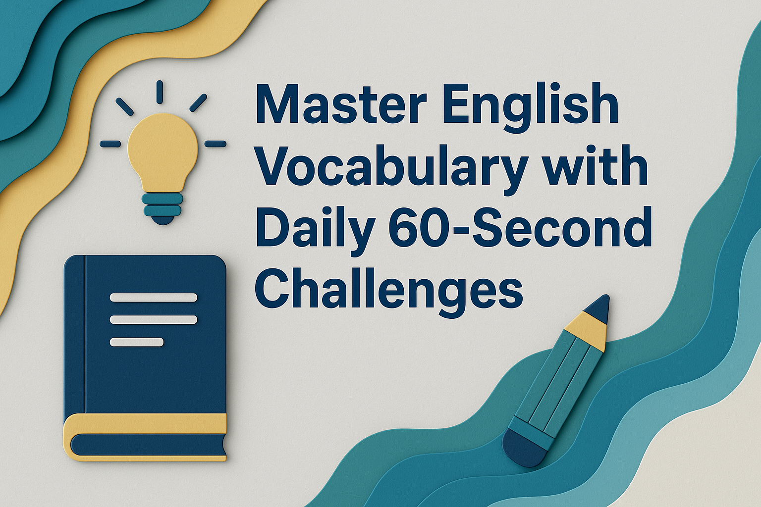 Wide banner image in 3D paper cut art style with navy blue, soft gold, light gray, and teal highlights, featuring the title “Master English Vocabulary with Daily 60-Second Challenges.”