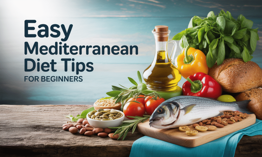 Wide banner image of easy Mediterranean diet tips for beginners showing olive oil, vegetables, fish, and grains.