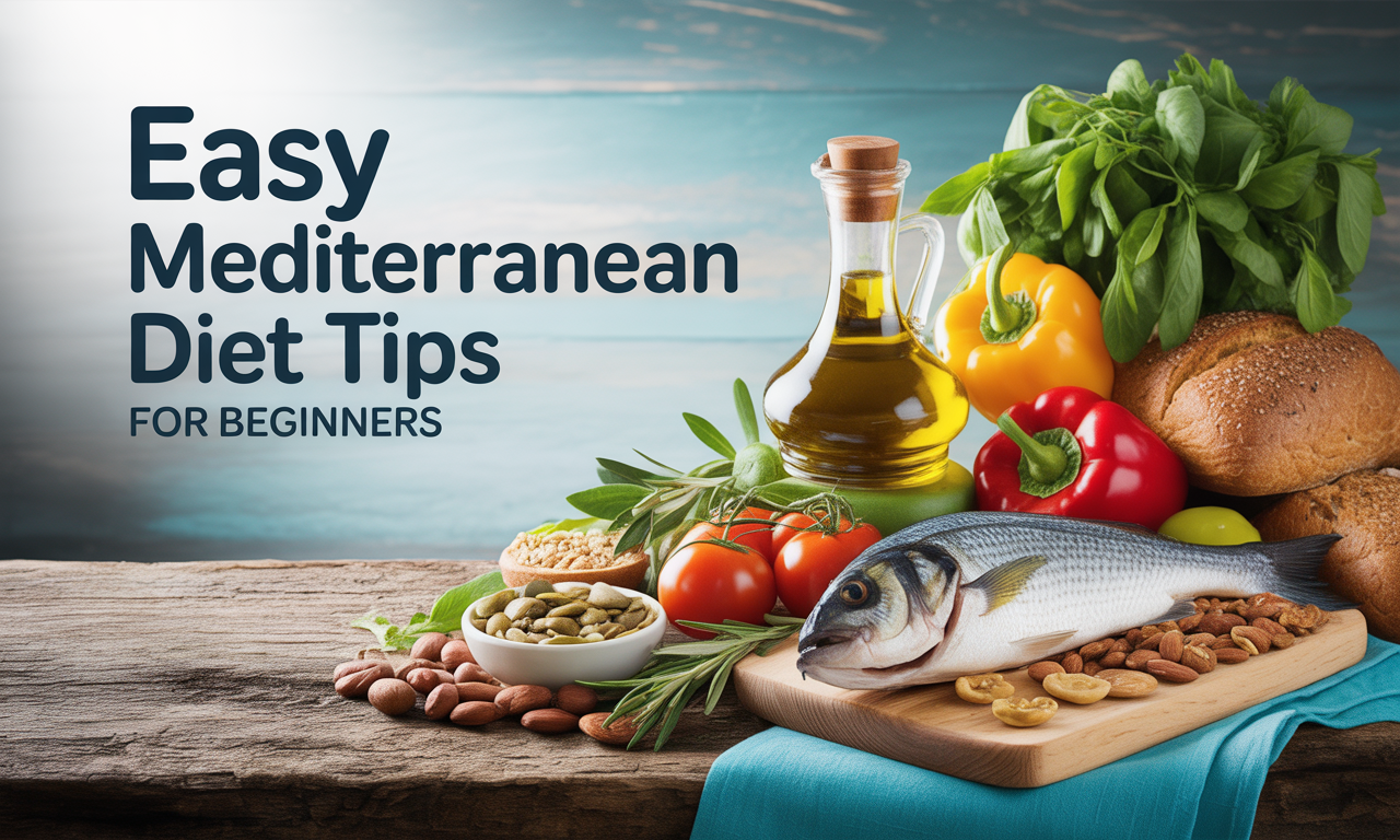 Wide banner image of easy Mediterranean diet tips for beginners showing olive oil, vegetables, fish, and grains.