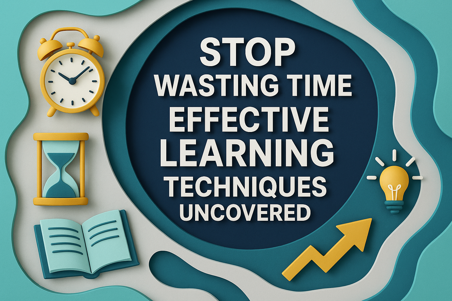 Wide banner image in 3D paper cut style featuring the title “Stop Wasting Time: Effective Learning Techniques Uncovered” with icons of an hourglass, clock, book, arrow, and lightbulb in navy blue, soft gold, teal, and light gray brand colors.