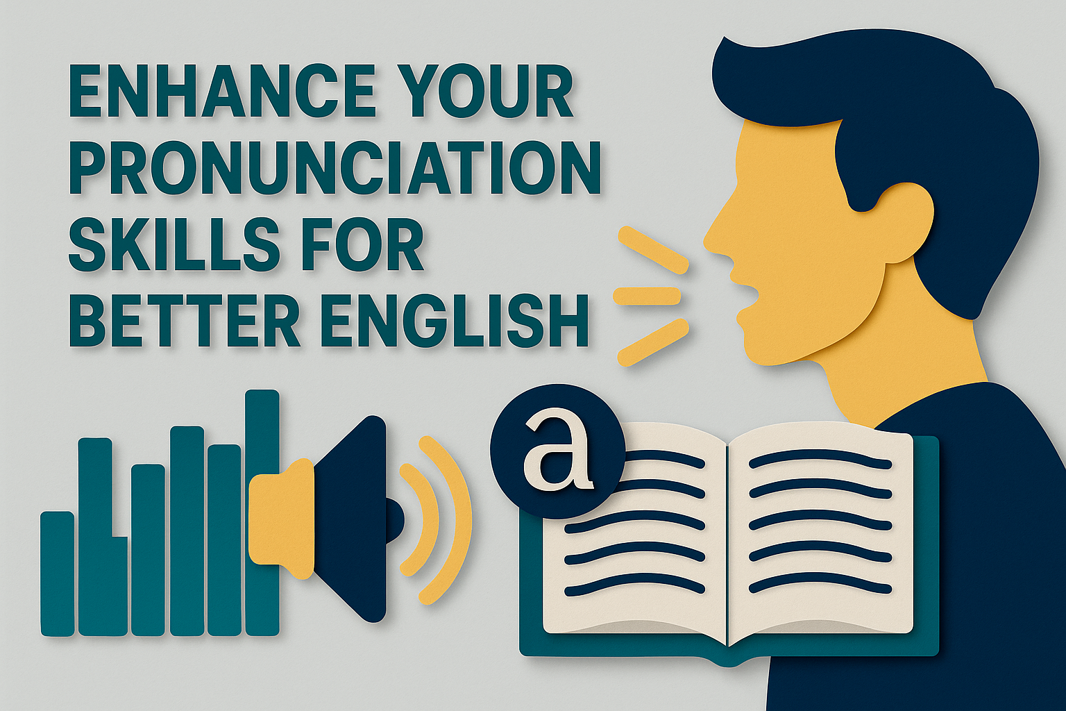 Wide banner image in 3D paper cut art style with navy, gold, gray, and teal accents, showing sound waves, a speaker, and a person speaking. Text reads: “Enhance Your Pronunciation Skills for Better English!”