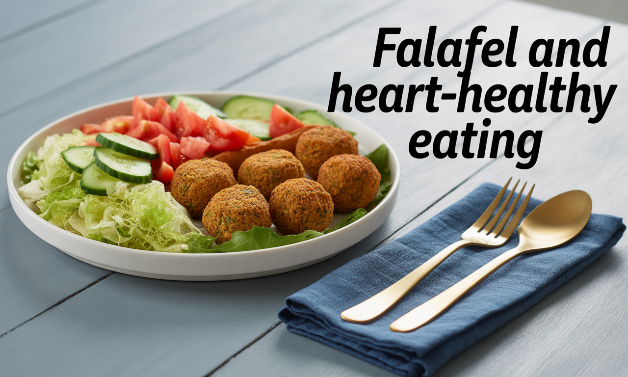 Banner showing a falafel plate with vegetables and pita, promoting heart-healthy eating with falafel.