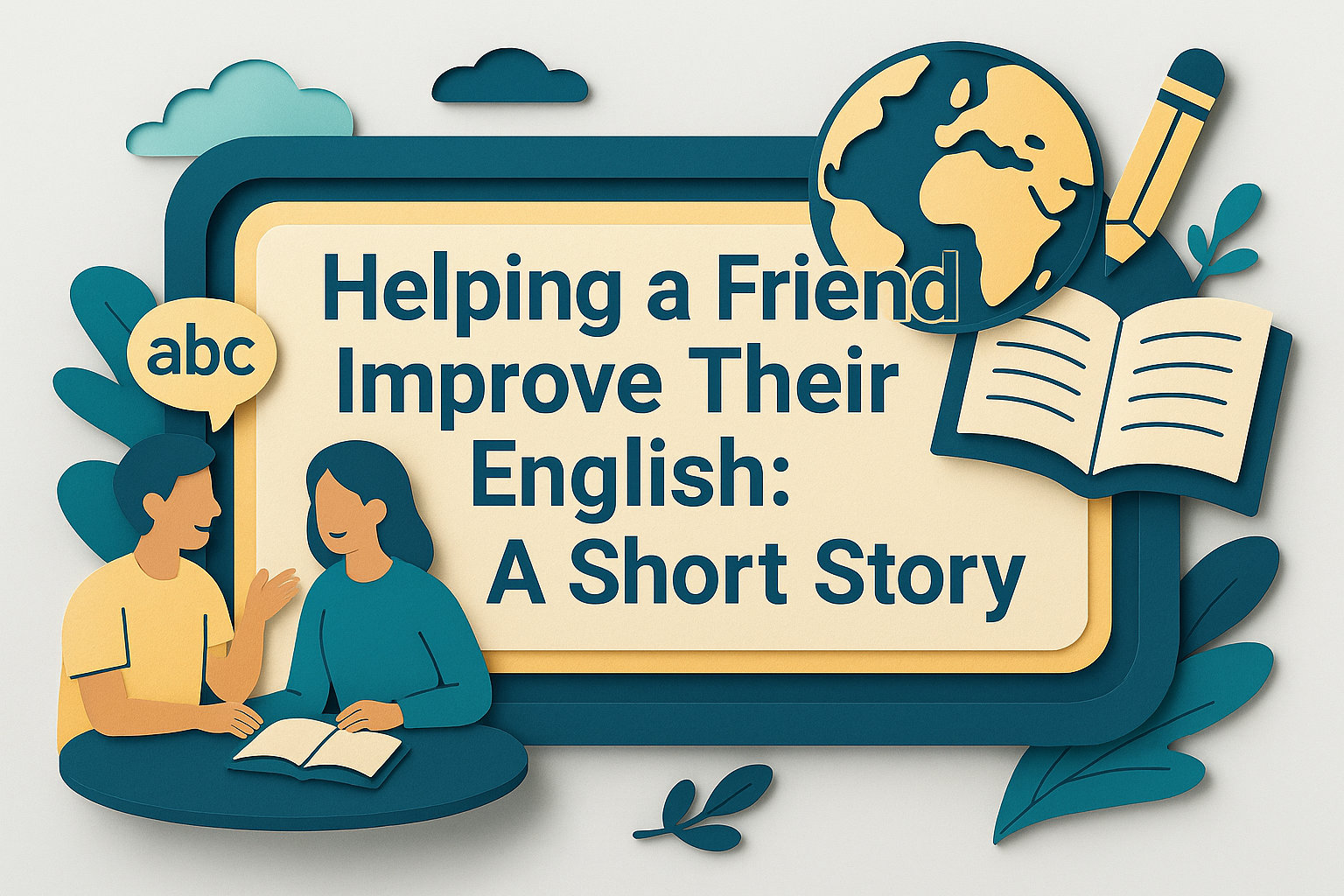 Wide 3D paper cut style banner showing two friends practicing English at a table with books, speech bubbles, and global icons. Title reads “Helping a Friend Improve Their English: A Short Story.”