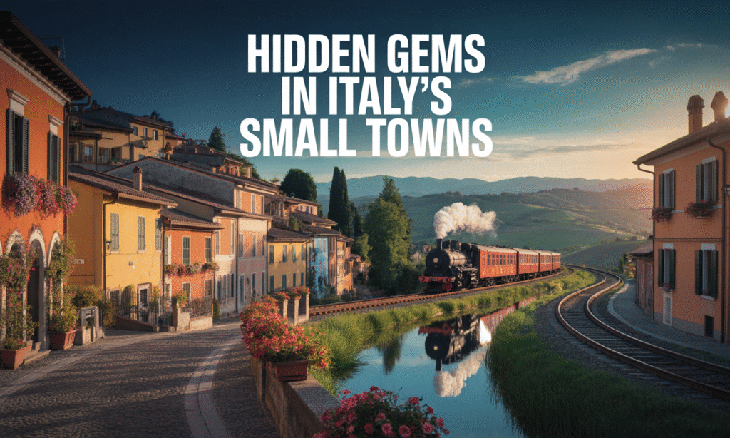Wide banner of hidden gems in Italy’s small towns with cobblestone streets, vintage train, and colorful homes.
