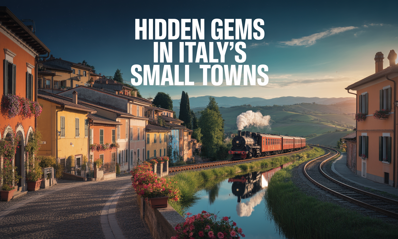 Wide banner of hidden gems in Italy’s small towns with cobblestone streets, vintage train, and colorful homes.