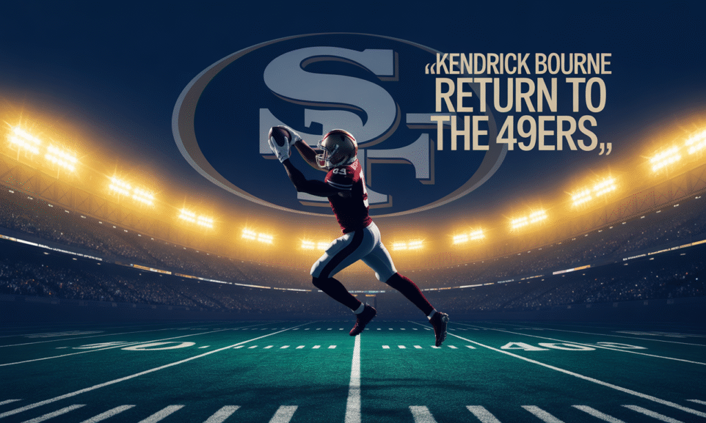 Banner showing a wide receiver catching a football under lights, symbolizing Kendrick Bourne’s return to the 49ers.