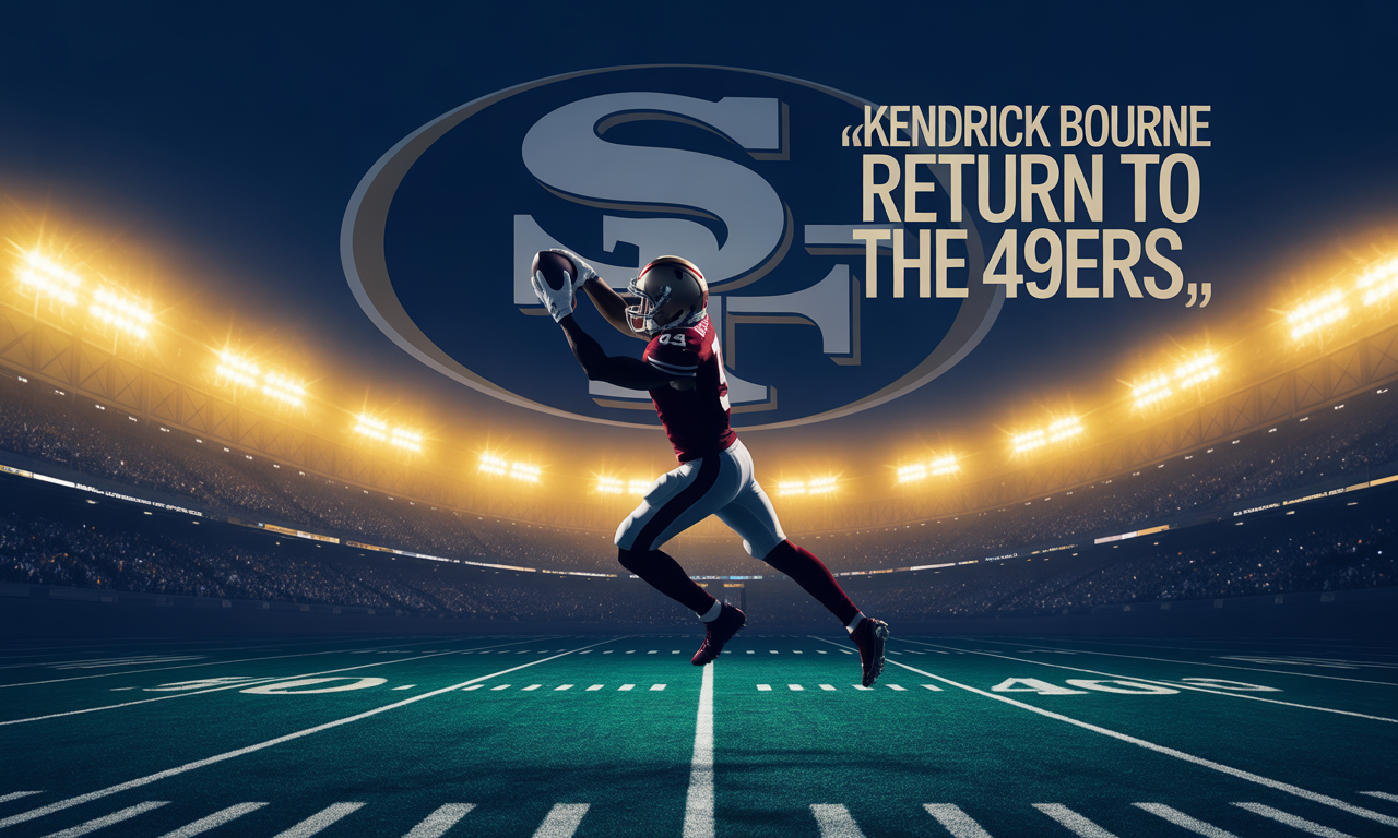Banner showing a wide receiver catching a football under lights, symbolizing Kendrick Bourne’s return to the 49ers.