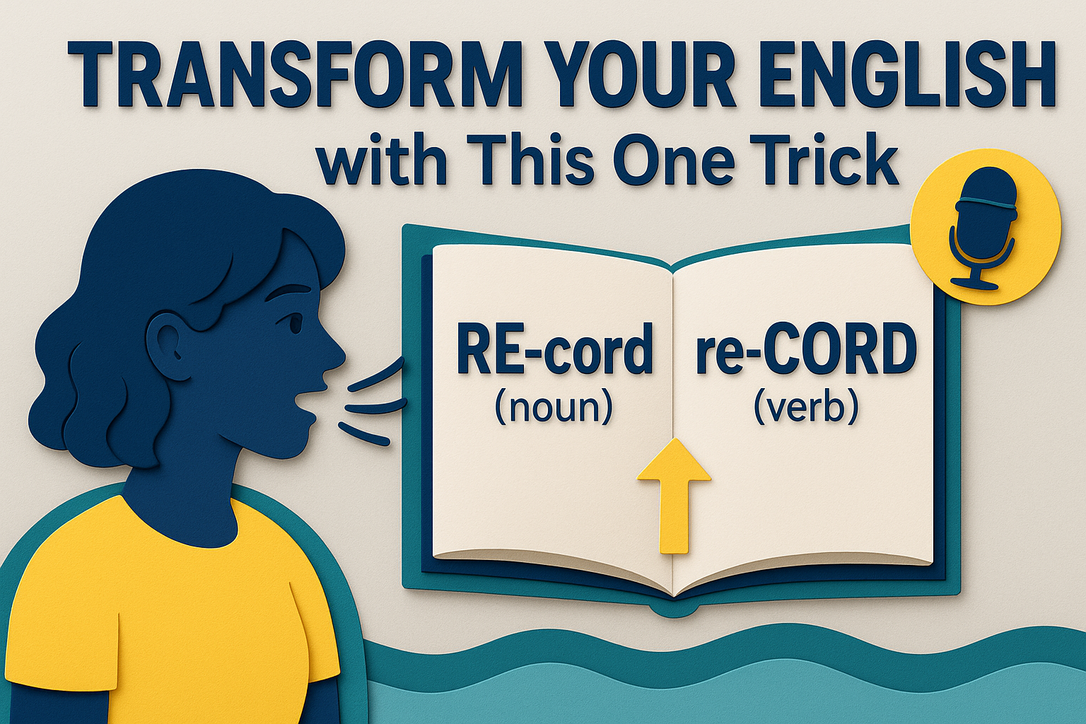 Wide 3D paper cut banner with the title “Transform Your English with This One Trick,” featuring a person reading aloud, an open book showing stress difference in the word record, and brand colors navy blue, soft gold, teal, and light gray.