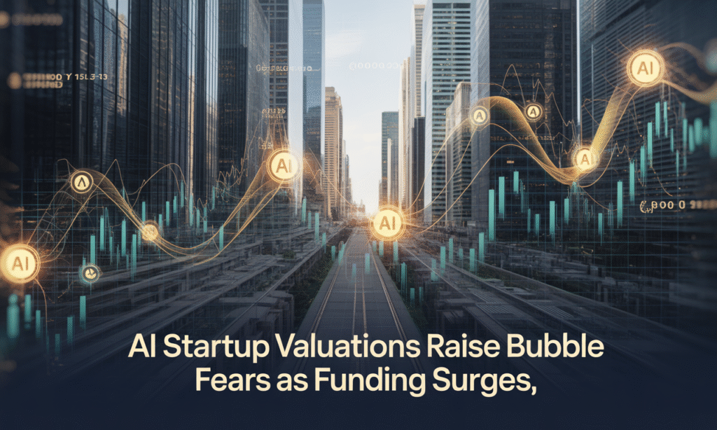 Banner image visualizing AI startup valuations raise bubble fears with digital market and AI finance themes.