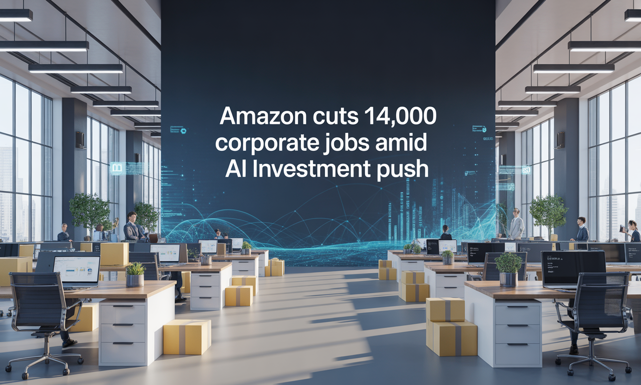 Banner image showing Amazon office restructuring amid AI investment — symbolizing how Amazon cuts 14,000 corporate jobs worldwide.