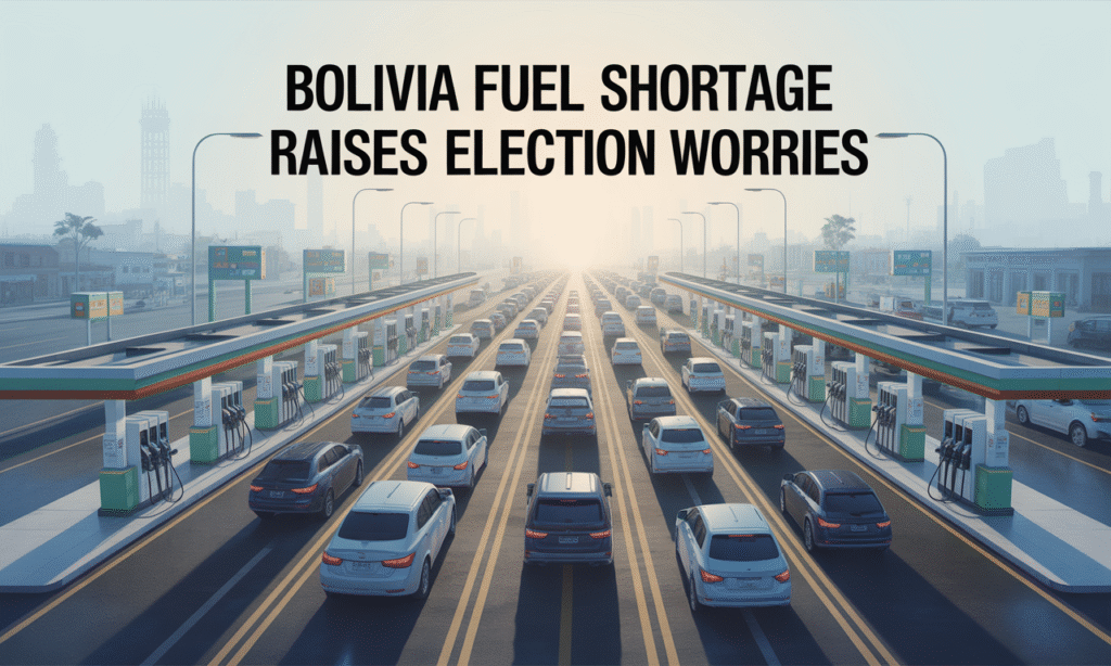 Bolivia fuel shortage election worries banner showing cars lined up at gas stations before the 2025 runoff
