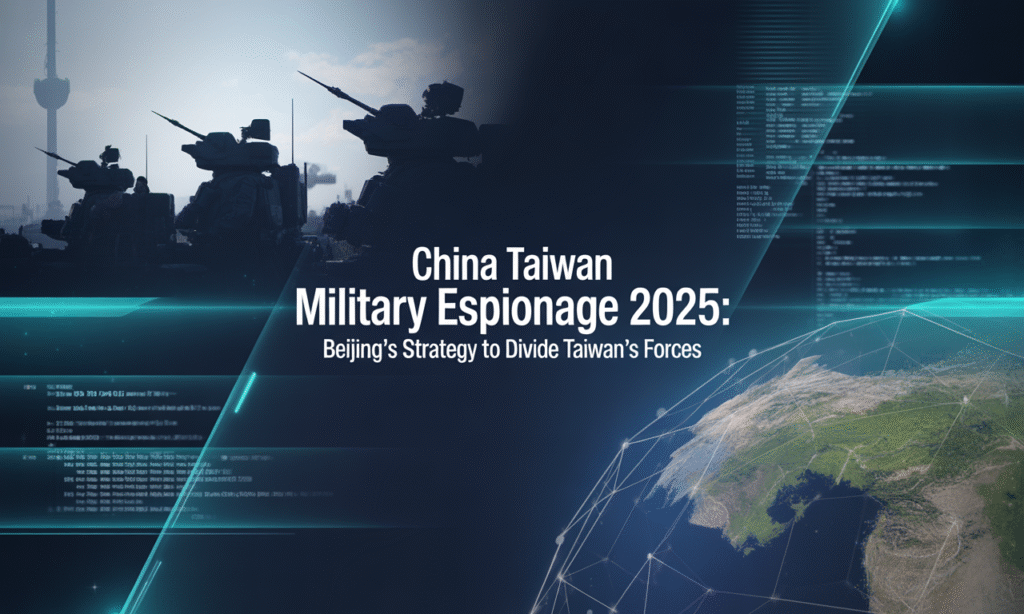 China Taiwan military espionage 2025 banner showing hybrid warfare imagery with soldiers, satellites, and cyber code.
