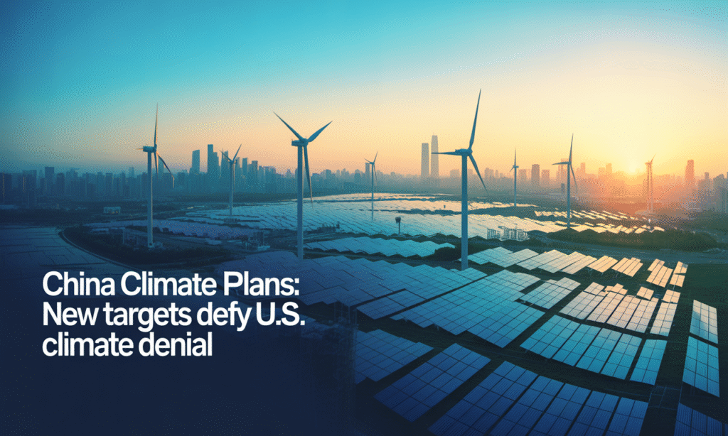 Banner image illustrating China climate plans with wind turbines and solar panels under a sunrise, symbolizing renewable energy leadership.
