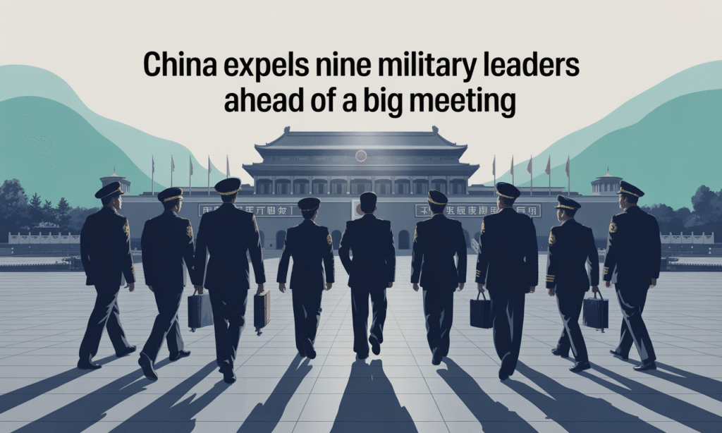 China expels nine military leaders in a major shake-up before a key meeting — military silhouettes and government building in muted Navy Blue and Gold tones.
