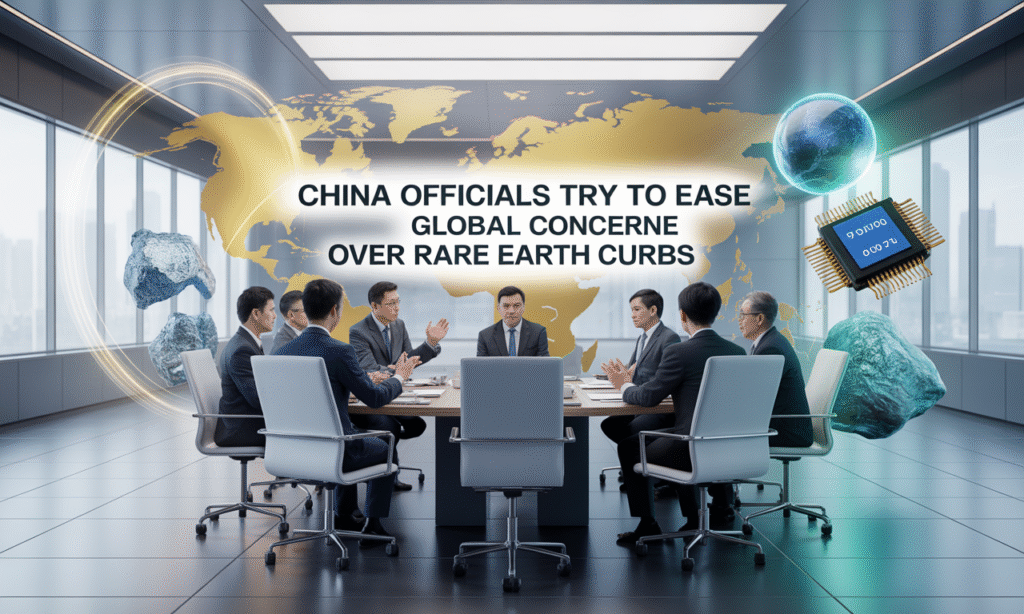 Chinese officials discuss trade at a global conference to ease concern over China rare earth curbs.