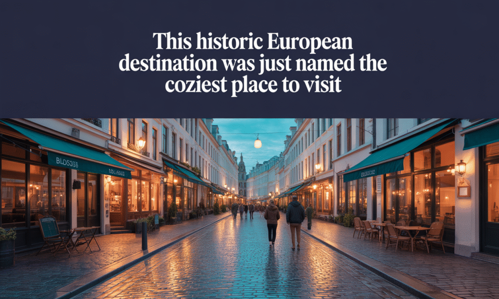 Banner image of a cozy European destination showing warm café lights in Brussels with navy and gold brand colors.