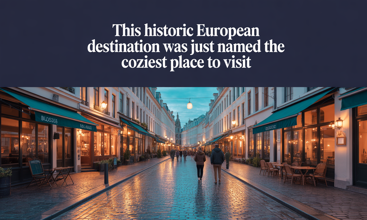 Banner image of a cozy European destination showing warm café lights in Brussels with navy and gold brand colors.
