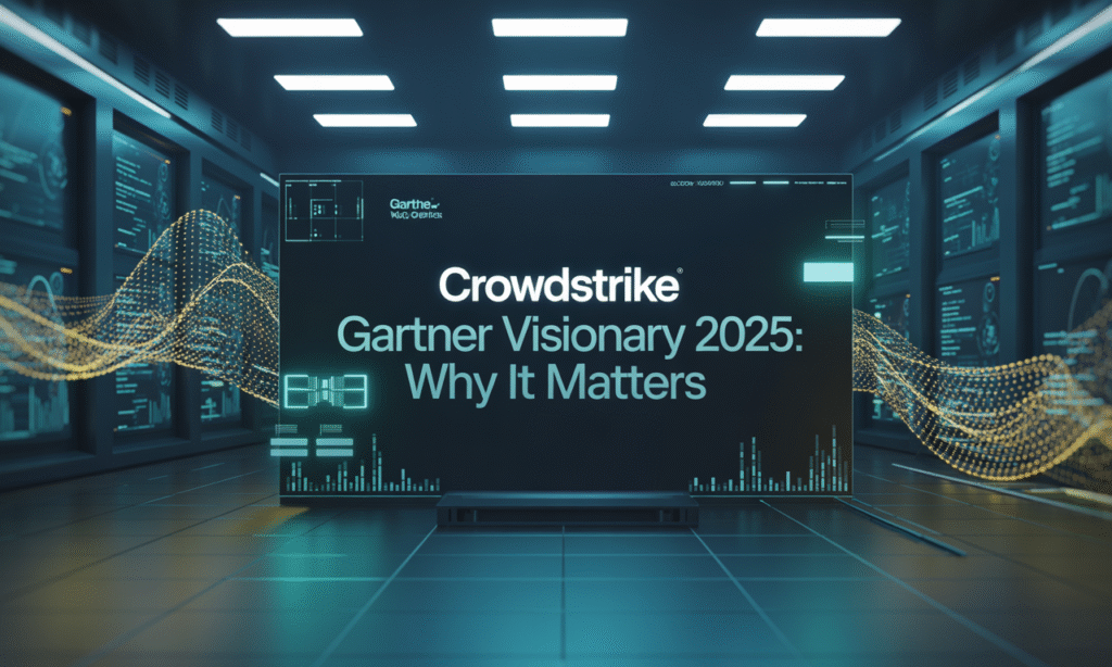 CrowdStrike Gartner Visionary 2025 banner featuring AI cybersecurity dashboards and digital network visuals.