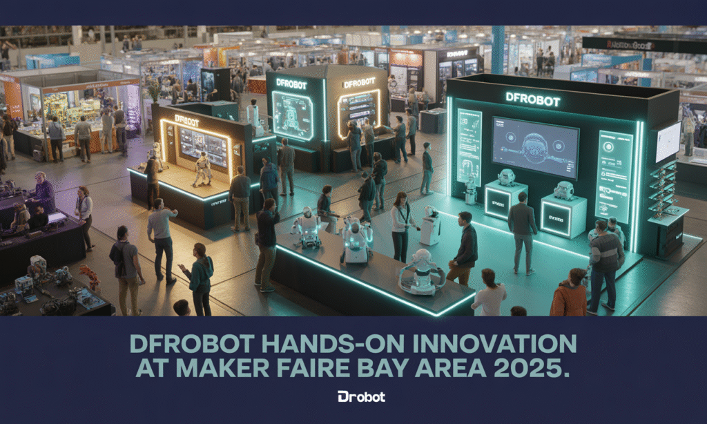 Wide banner image of DFRobot hands-on innovation at Maker Faire showcasing interactive AI and tech demos.