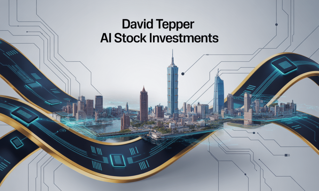David Tepper AI stock investments banner featuring AI circuits, Taiwan tech imagery, and navy blue and gold theme.