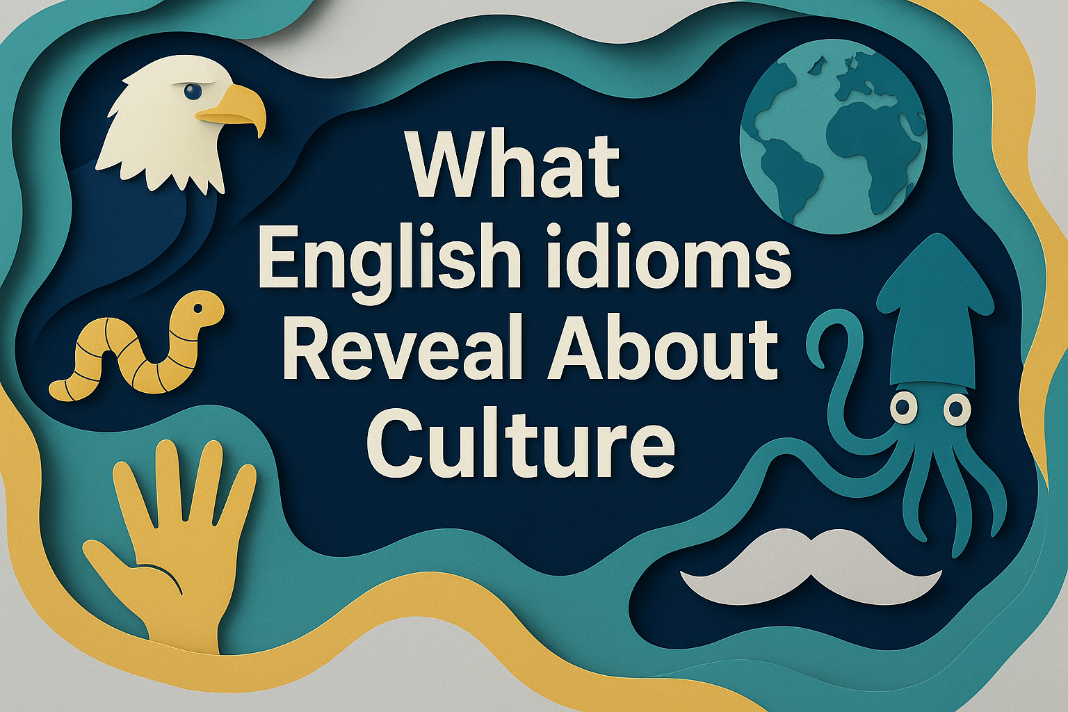 3D paper-cut style banner featuring the title “What English Idioms Reveal About Culture” with symbols representing English idioms and culture—an eagle, a worm, the Earth, and a squid—using Navy Blue, Soft Gold, Teal, and Light Gray brand colors.