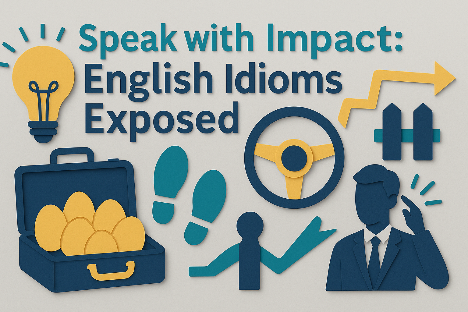 3D paper cut banner illustrating English idioms for professionals with symbols of control, leadership, and creativity in navy blue, soft gold, and teal.