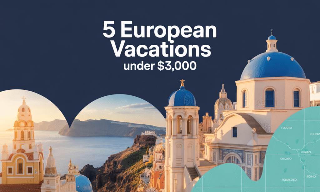European Vacations Under $3,000 showing Santorini, Vienna, and Spain travel scenes for affordable European getaways.