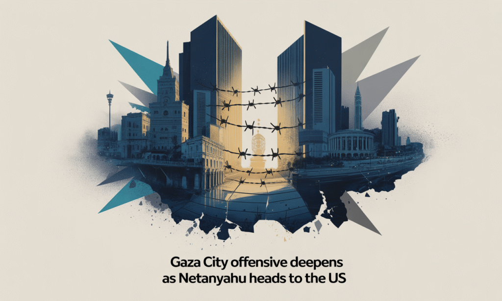 Wide banner image with a Gaza cityscape, barbed wire, and UN backdrop, illustrating the Gaza City offensive during Netanyahu’s US trip.