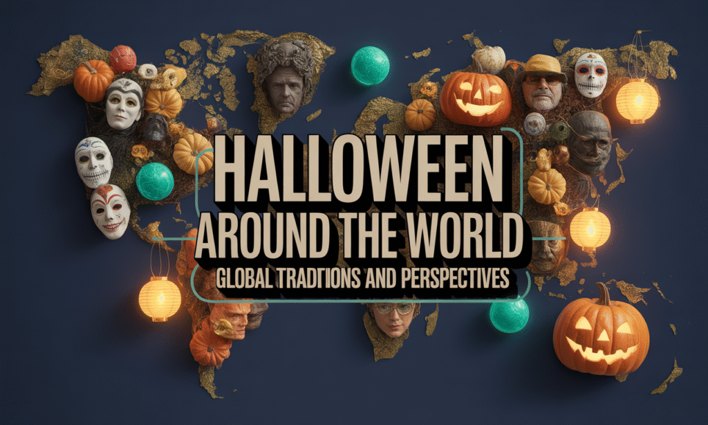 Banner image showing global Halloween around the world celebrations — pumpkins, masks, and lights representing worldwide traditions.