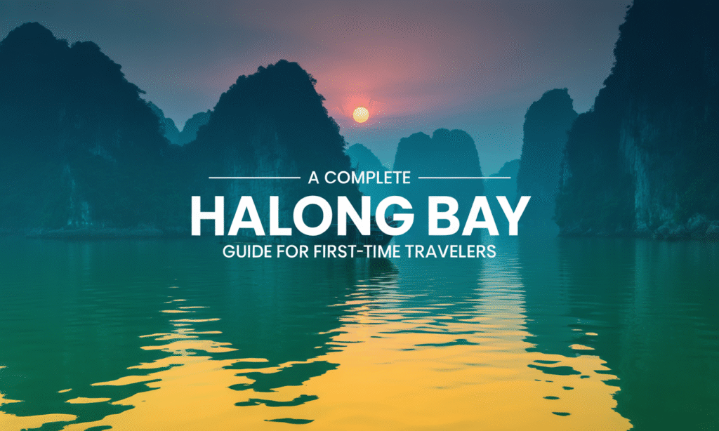 Wide banner image for article Halong Bay Guide, featuring Halong Bay’s limestone islands and teal-green waters under golden sunrise — focus keyphrase Halong Bay guide.