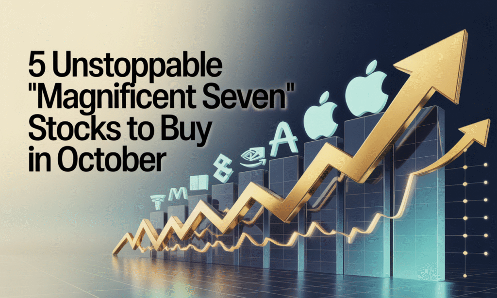 Banner image for Magnificent Seven stocks October buy featuring blue-and-gold market visuals, AI-driven charts, and brand color highlights.