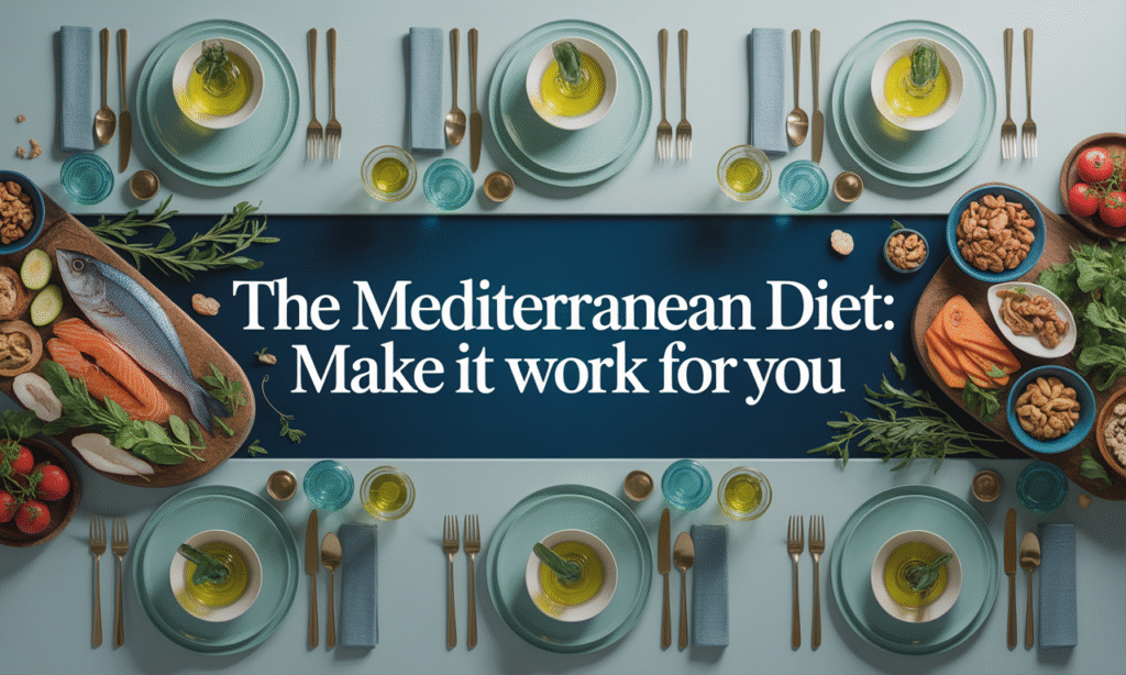 Mediterranean diet adaptable foods on elegant navy and gold table with teal highlights and business-style presentation.