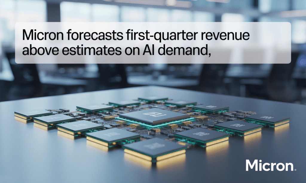 Banner image for article about Micron forecasts first-quarter revenue driven by AI chip demand, featuring modern semiconductor visuals and corporate blue-gold color scheme.