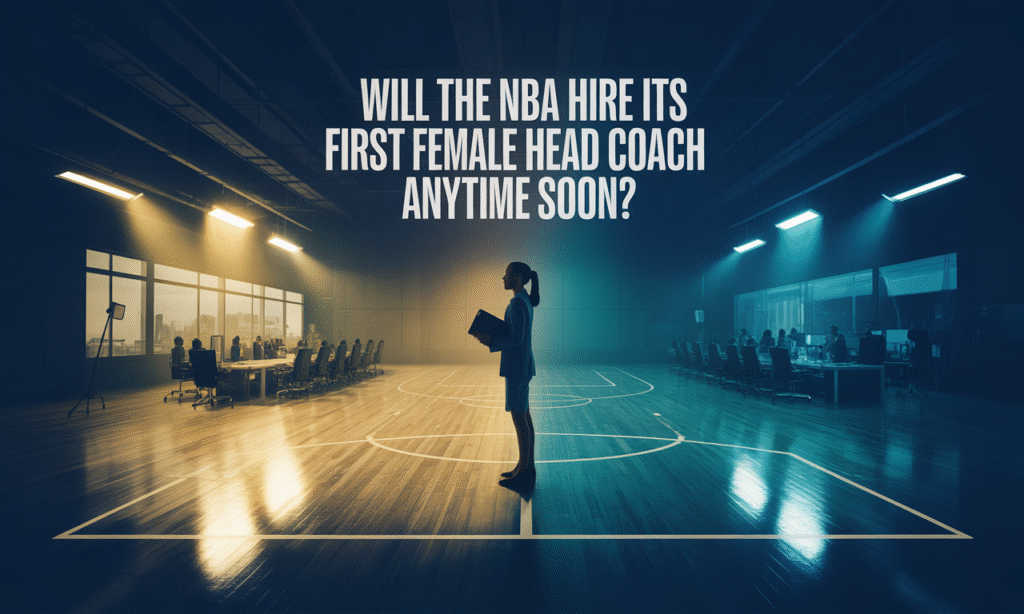 NBA hire a woman head coach — concept image merging basketball and business leadership themes in navy and gold tones.