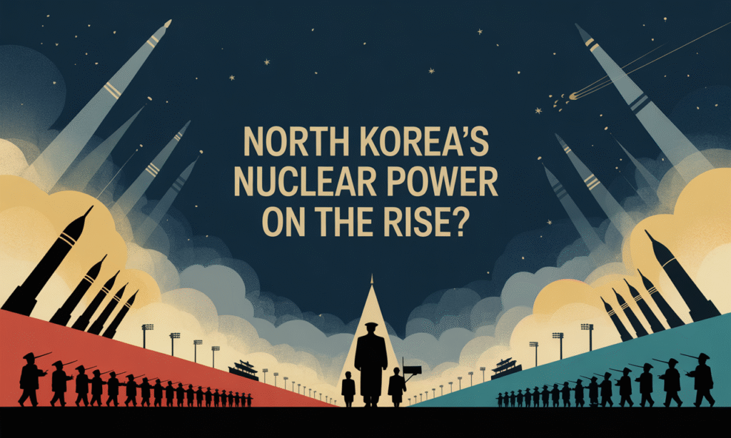 Wide banner image of North Korea military parade 2025 with navy and gold tones, symbolizing power and global tension.