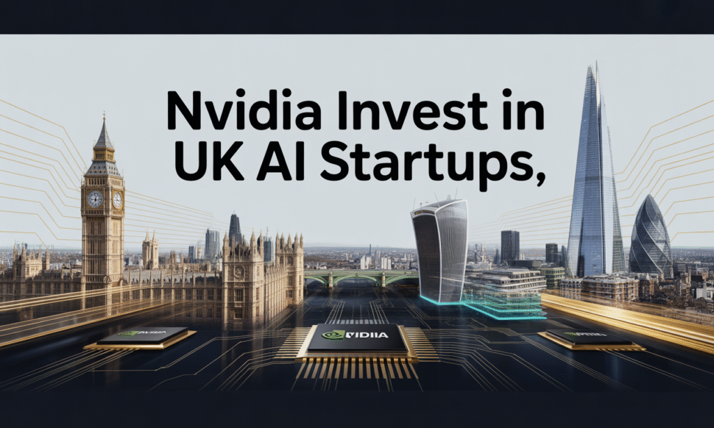 Nvidia invest in UK AI startups banner showing London skyline and AI circuit graphics in navy and gold.
